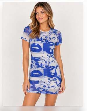 Nasty Gal Dress Womens 2 Blue Graphic Print Mesh Short Sleeve Bodycon Mini Party